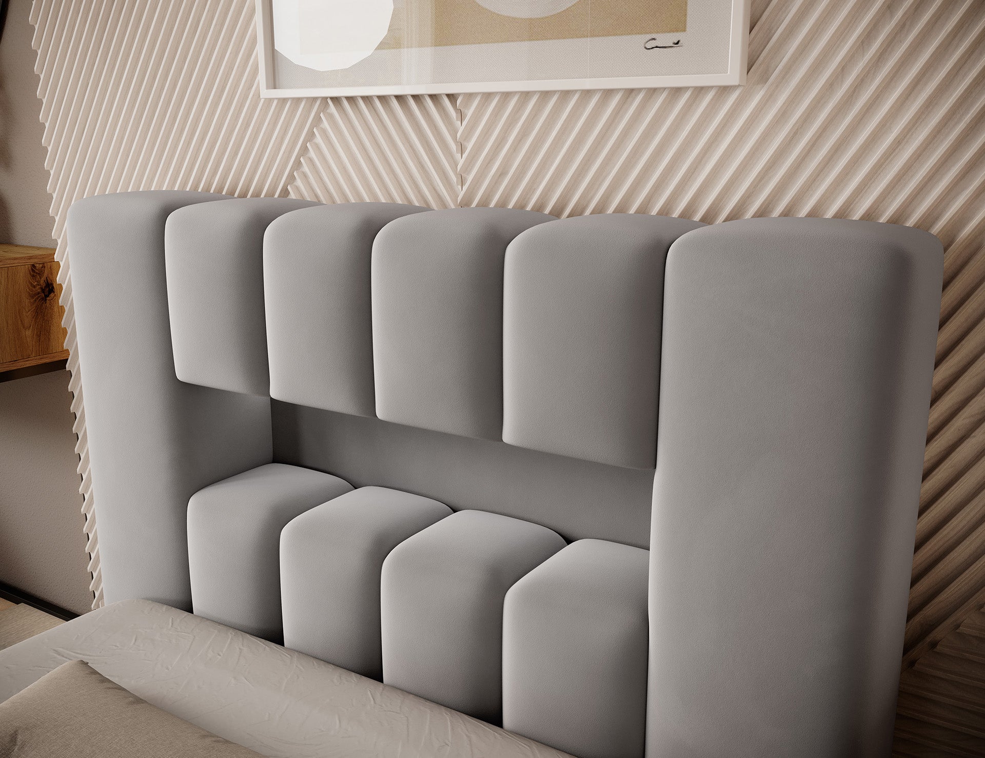 Detal bocznego panelu wezgłowia łóżka Lamica I Nube 45 ukazujący gładkie, zaokrąglone krawędzie żółtej tkaniny.