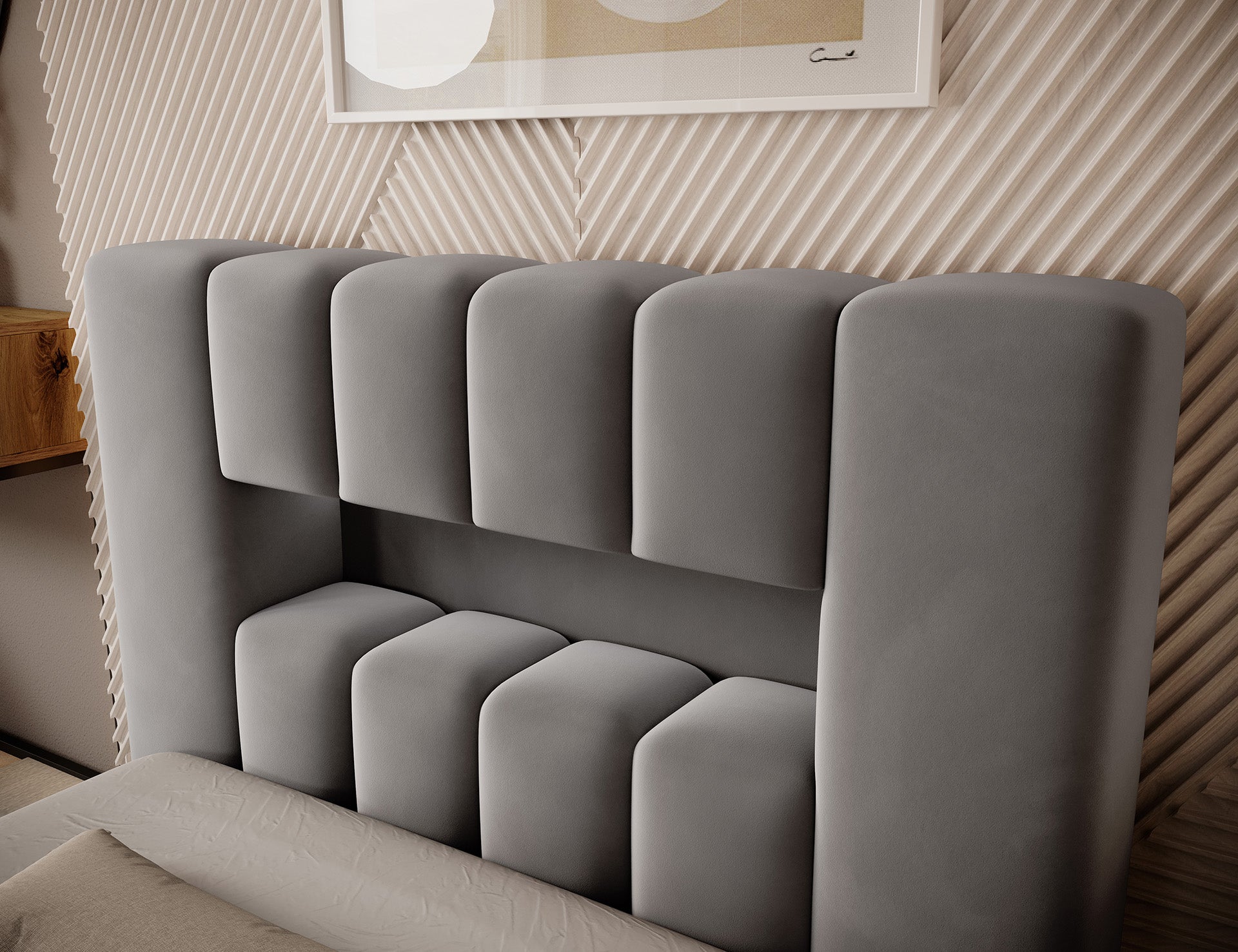 Zbliżenie prawego narożnika łóżka Lamica I Nube 04 szary (90×200 cm) pokazujące precyzyjne wykończenie tapicerki.
