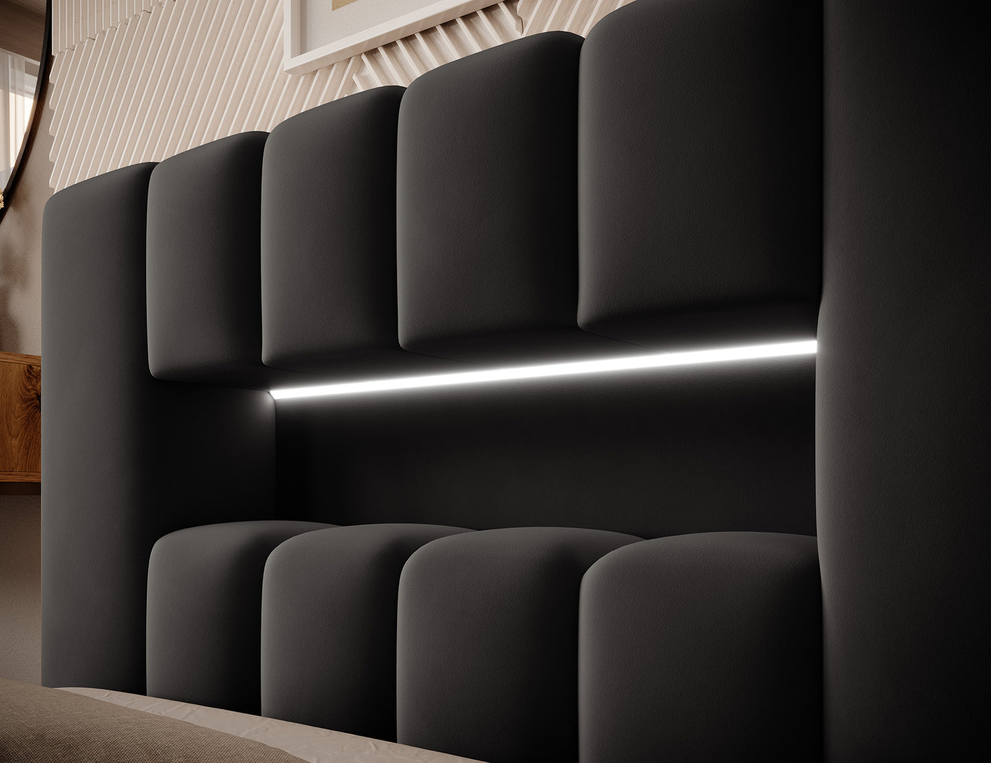 Zbliżenie tapicerowanego wezgłowia łóżka Lamica I Nube 06 ciemnoszary (90×200 cm) z wbudowaną listwą LED.