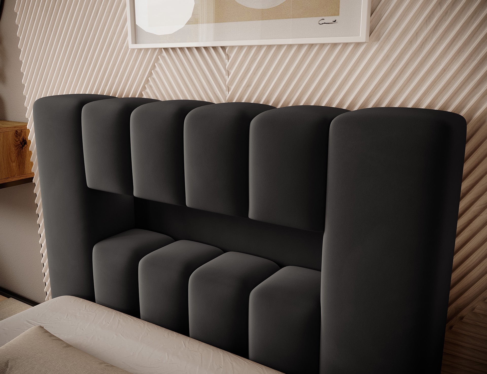 Detale modułowego wezgłowia łóżka Lamica I Nube 06 ciemnoszary (90×200 cm) z miękkimi, wypukłymi panelami.