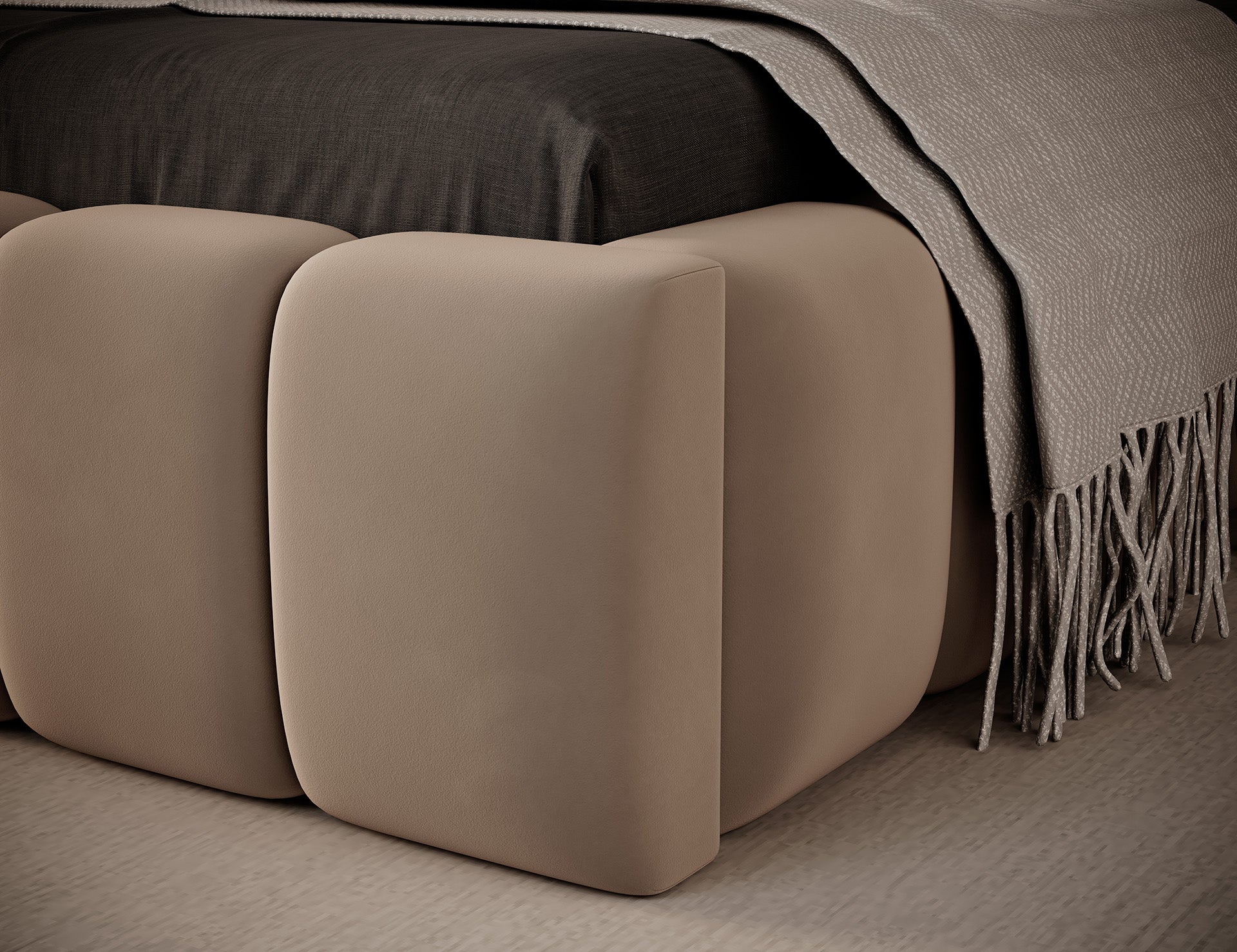 Zbliżenie tapicerowanego wezgłowia łóżka Lamica I Nube 20 beżowy (90×200 cm) z miękkimi panelami i subtelnym podświetleniem LED.