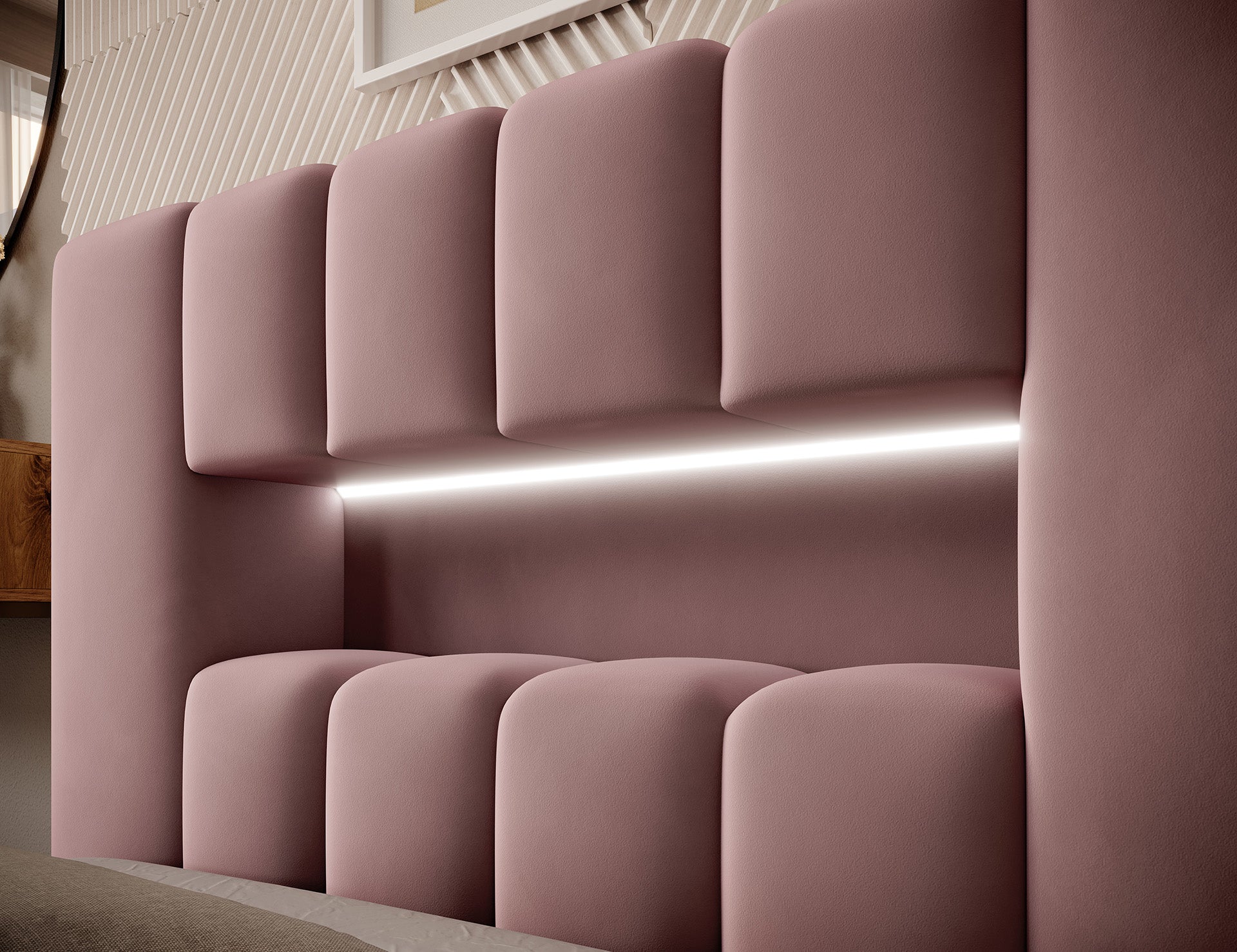 Zbliżenie górnej części zagłówka łóżka Lamica I Nube 24 różowy (90×200 cm), ukazujące miękkie, pionowe panele i wbudowaną listwę LED.