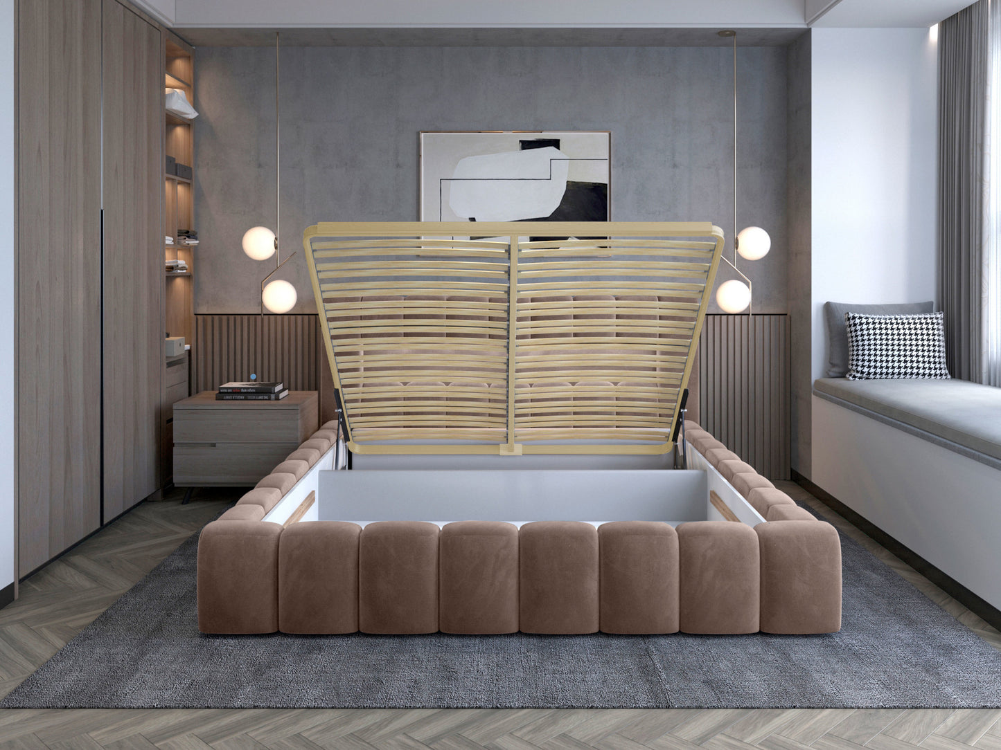 Łóżko Lamica II Monolith 09 piaskowy 140×200 cm z podnoszonym stelażem odsłaniającym pojemnik na pościel.