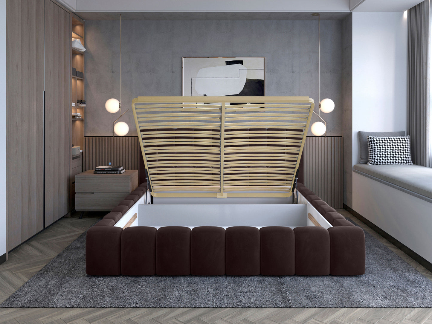 Łóżko Lamica II Monolith 29 brązowy 140×200 cm z podnoszonym stelażem odsłaniającym pojemnik na pościel.