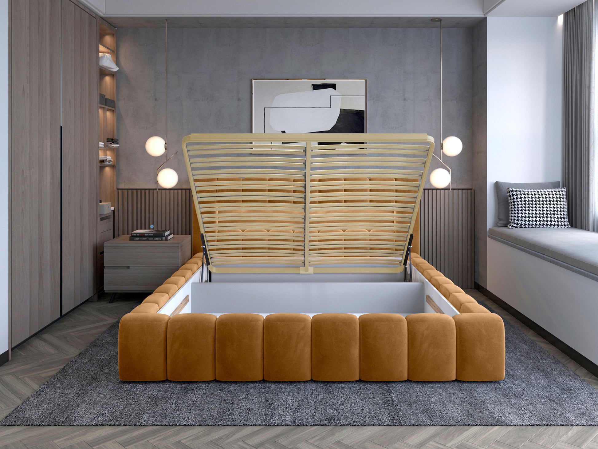 Łóżko Lamica II Monolith 48 miodowy 140×200 cm z podnoszonym stelażem odsłaniającym pojemnik na pościel.