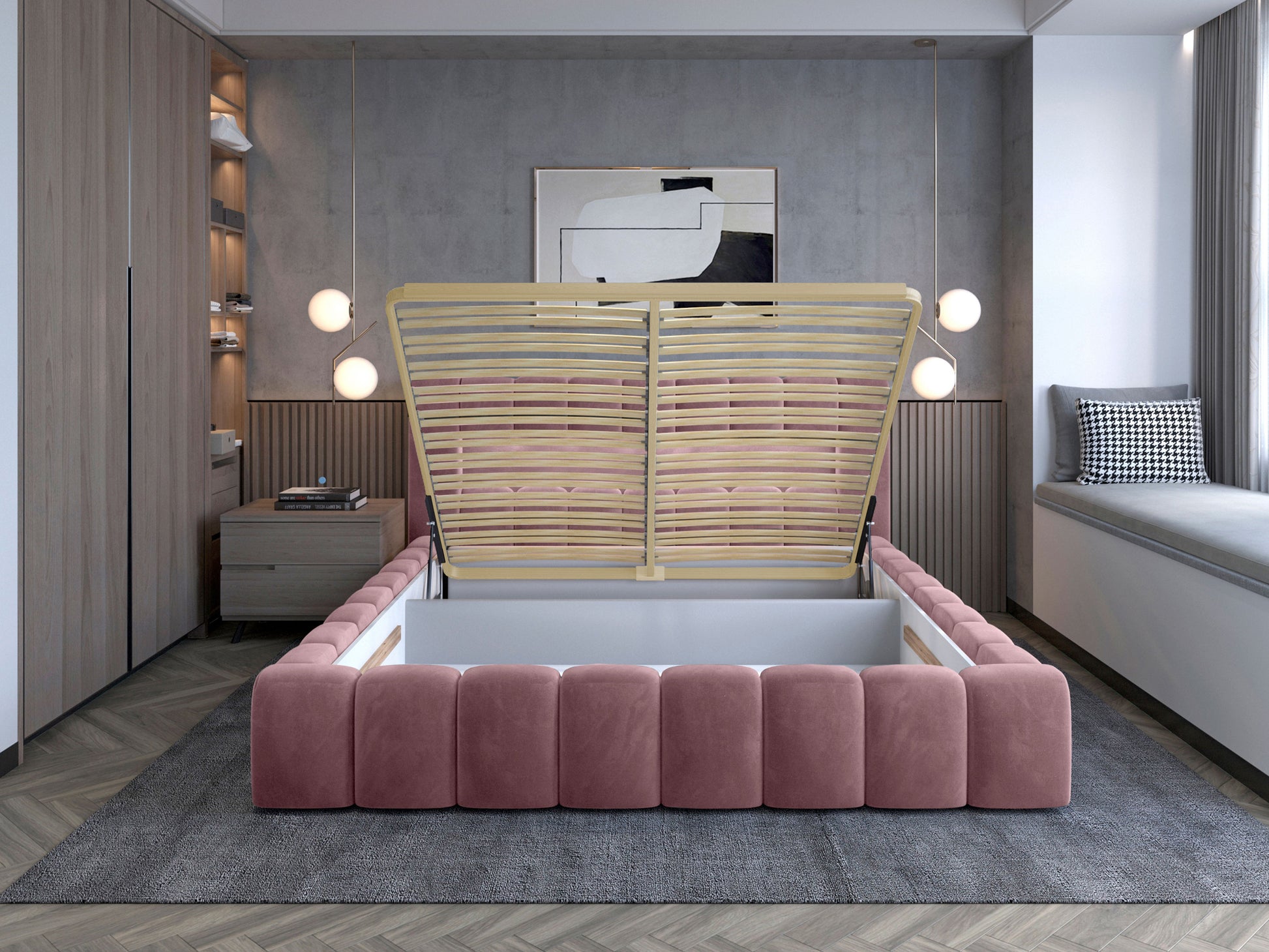Łóżko Lamica II Monolith 63 różowy 140×200 cm z podnoszonym stelażem odsłaniającym pojemnik na pościel.