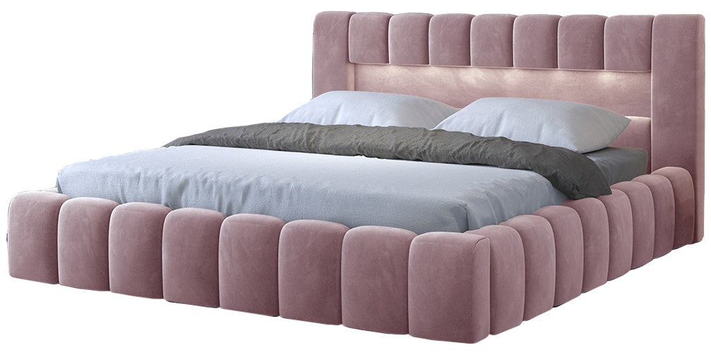 Łóżko tapicerowane Lamica II Monolith 63 różowy 140×200 cm na białym tle.
