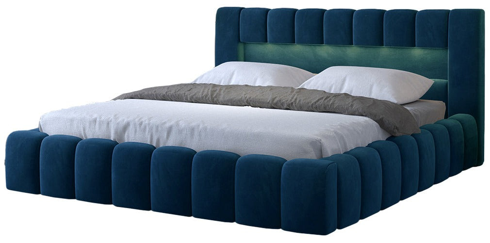 Łóżko tapicerowane Lamica II Monolith 77 granatowy 140×200 cm na białym tle.