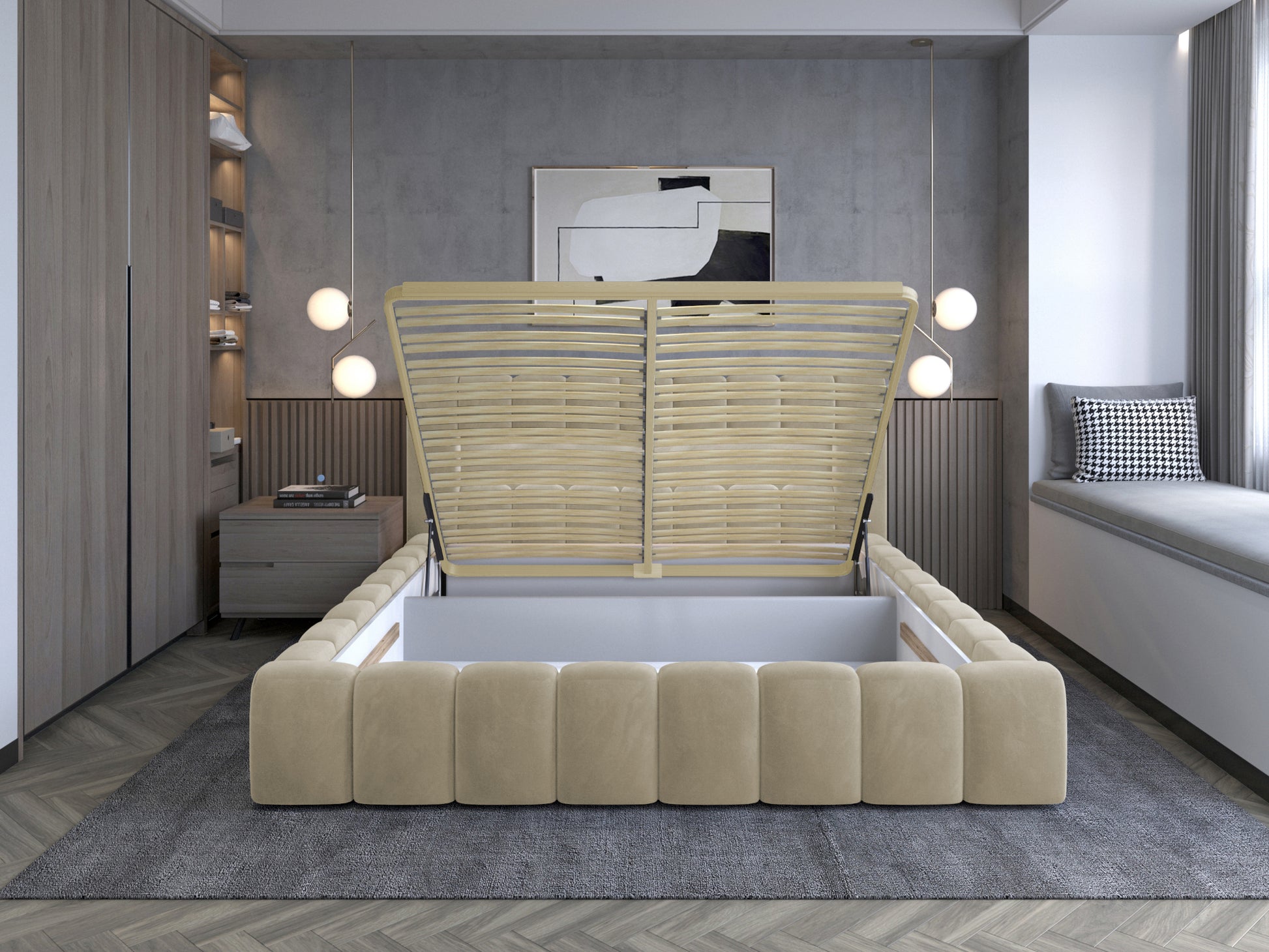 Łóżko Lamica II 160x200 cm z podniesionym stelażem i pojemnikiem na pościel, kolor Monolith 04 beżowy.