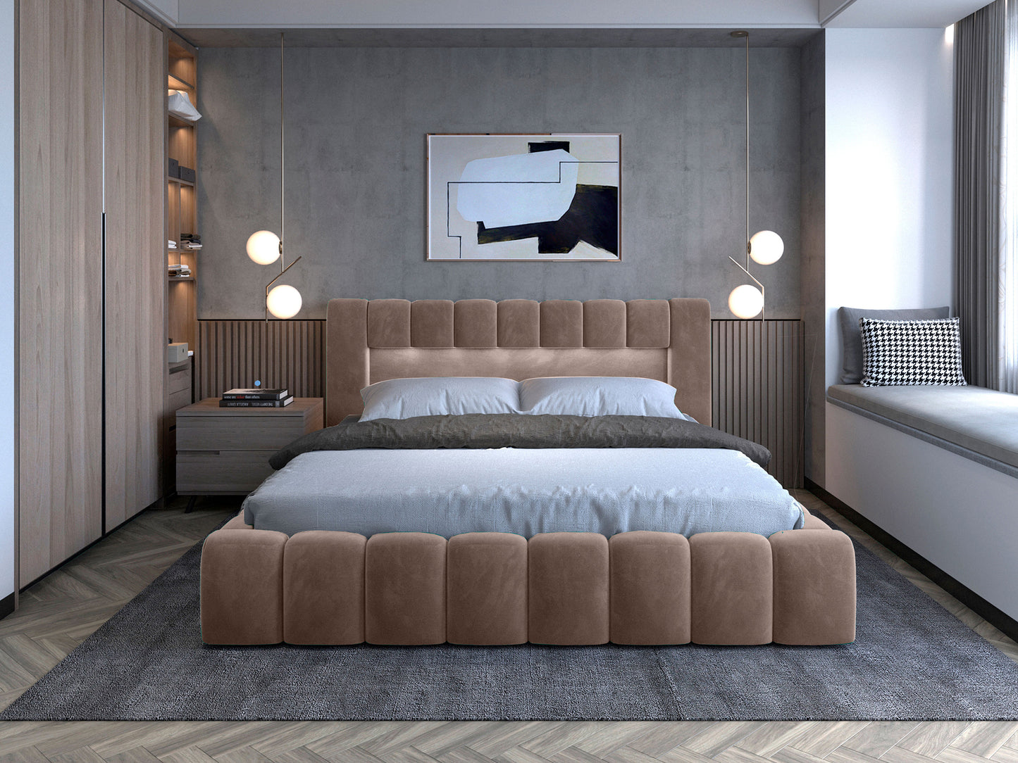 Łóżko Lamica II 160x200 cm Monolith 09 piaskowy, widok frontalny w aranżacji nowoczesnej sypialni.
