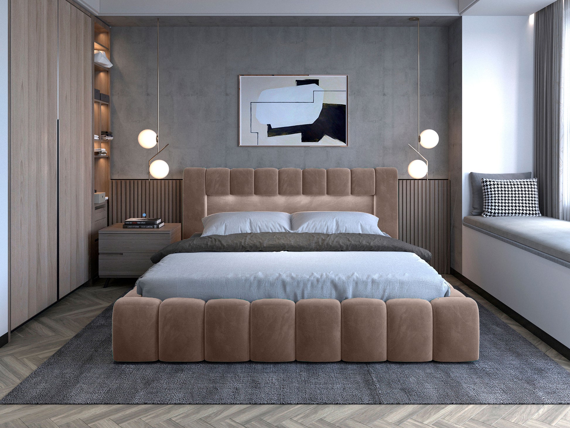 Łóżko Lamica II 160x200 cm Monolith 09 piaskowy, widok frontalny w aranżacji nowoczesnej sypialni.