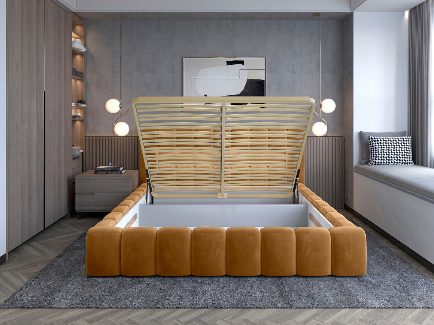 Łóżko Lamica II 160x200 cm w kolorze Monolith 48 miodowy z pojemnikiem na pościel – stelaż uniesiony, widok od frontu.