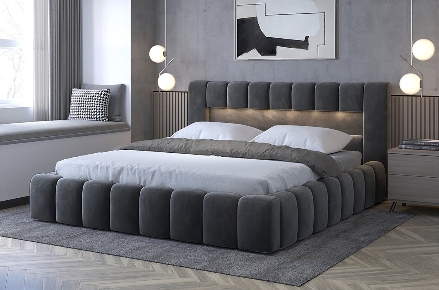 Łóżko tapicerowane Lamica II 160x200 cm w kolorze szary Monolith 85 w nowoczesnej sypialni, oświetlenie LED w zagłówku.