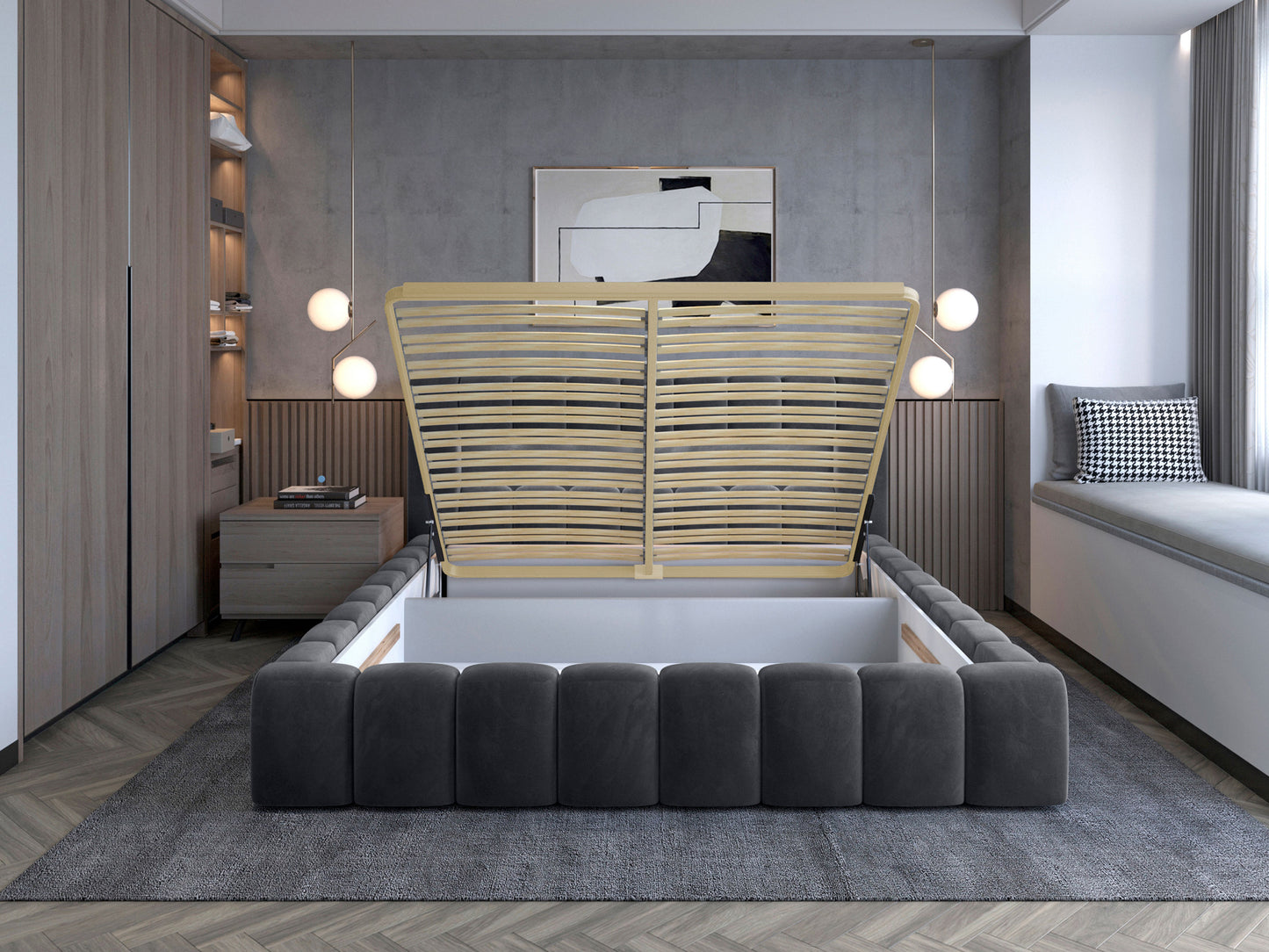 Łóżko Lamica II 160x200 cm z pojemnikiem na pościel – mechanizm podnoszenia stelaża w kolorze Monolith 85 szary.