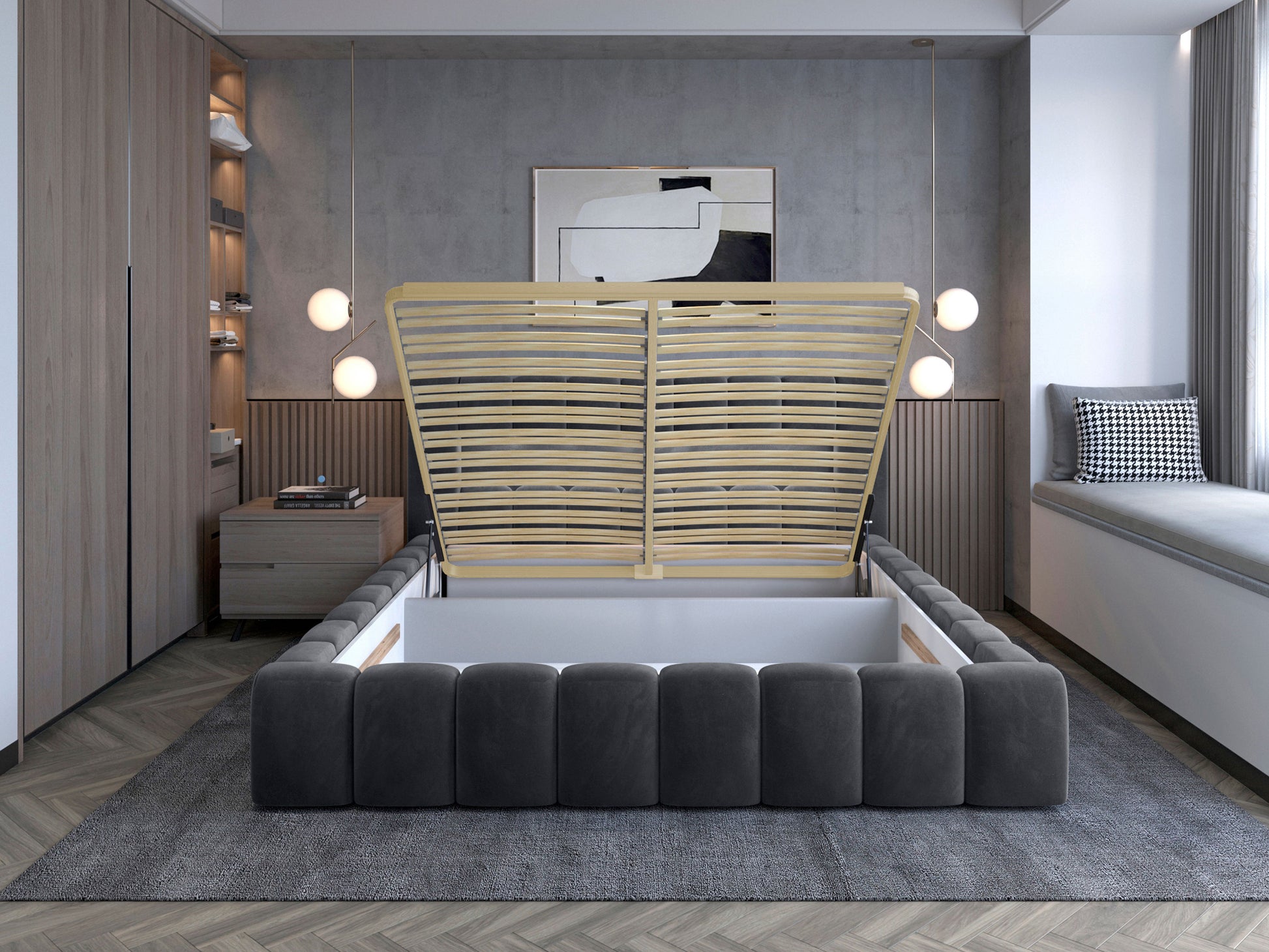 Łóżko Lamica II 160x200 cm z pojemnikiem na pościel – mechanizm podnoszenia stelaża w kolorze Monolith 85 szary.