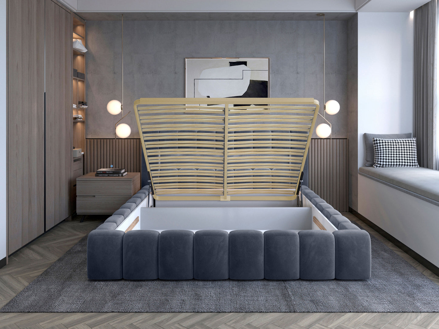 Łóżko Lamica II 160x200 cm z pojemnikiem na pościel – mechanizm podnoszenia stelaża w kolorze Monolith 97 ciemnoszary.