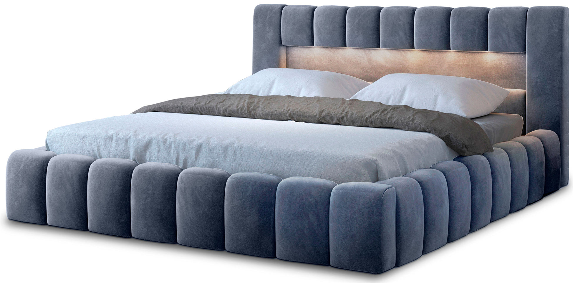 Łóżko Lamica II 160x200 cm w kolorze Monolith 97 ciemnoszary – ujęcie produktowe na białym tle z podświetlanym zagłówkiem.