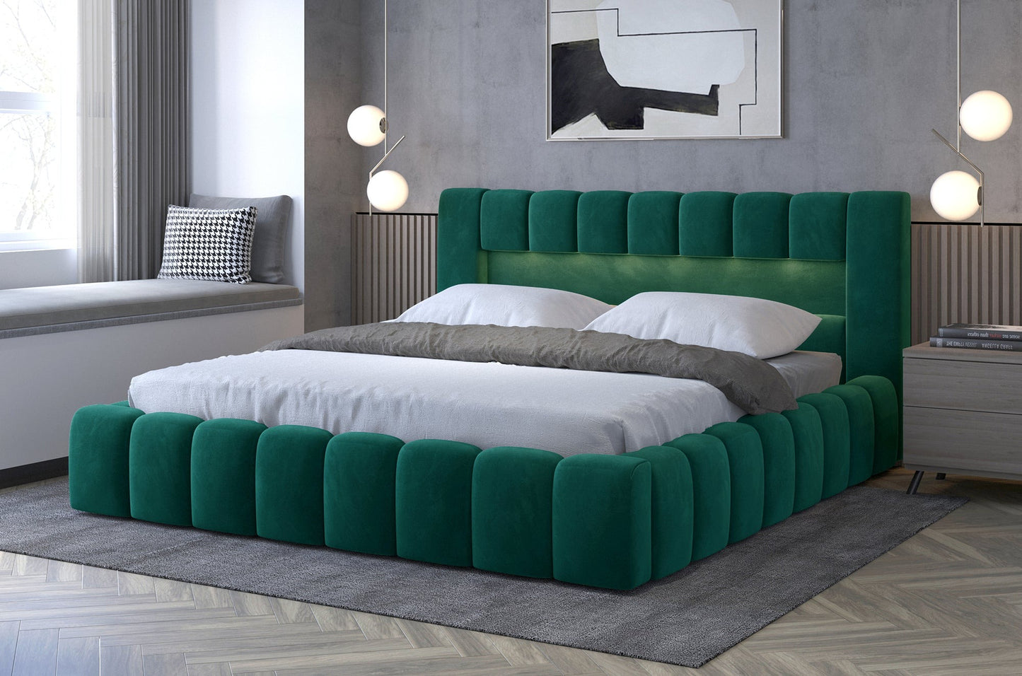 Łóżko Lamica II w kolorze butelkowozielonym Monolith 37 w nowoczesnej sypialni – widok z boku.