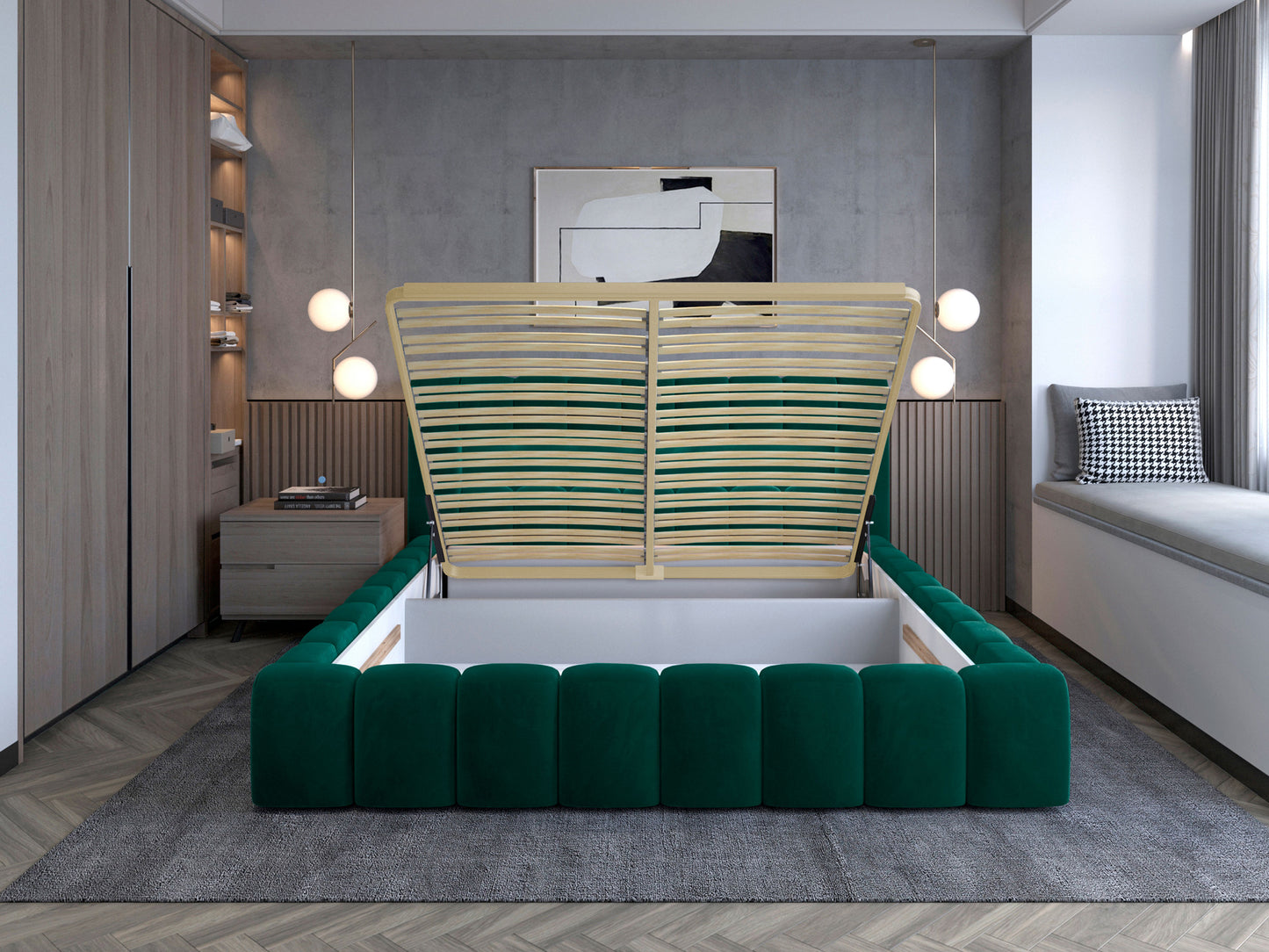 Łóżko Lamica II 180x200 cm w kolorze Monolith 37 z podnoszonym stelażem i pojemnikiem na pościel.