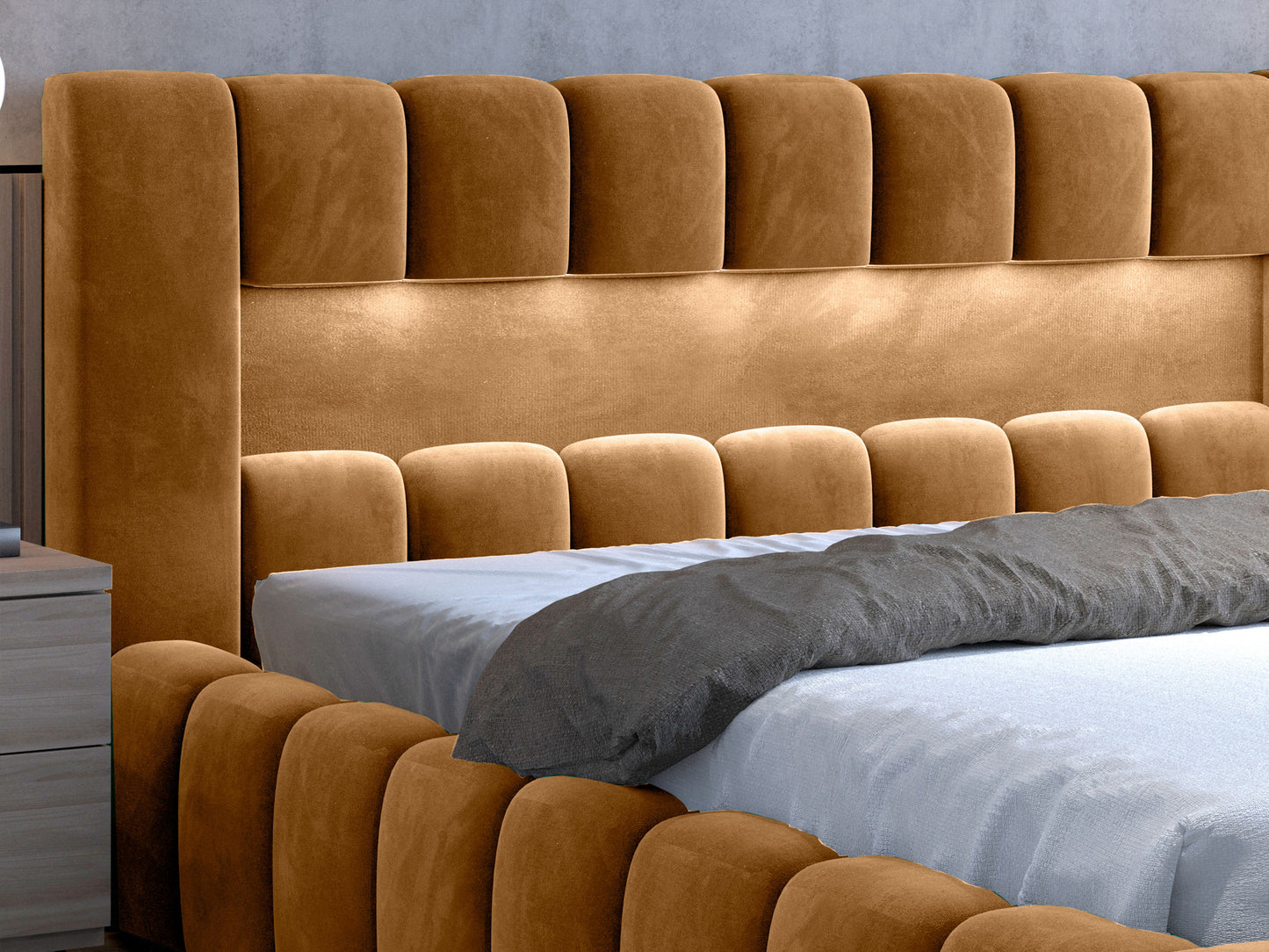 Detal zagłówka łóżka Lamica II 180x200 cm w kolorze Monolith 48 miodowy z podświetleniem.