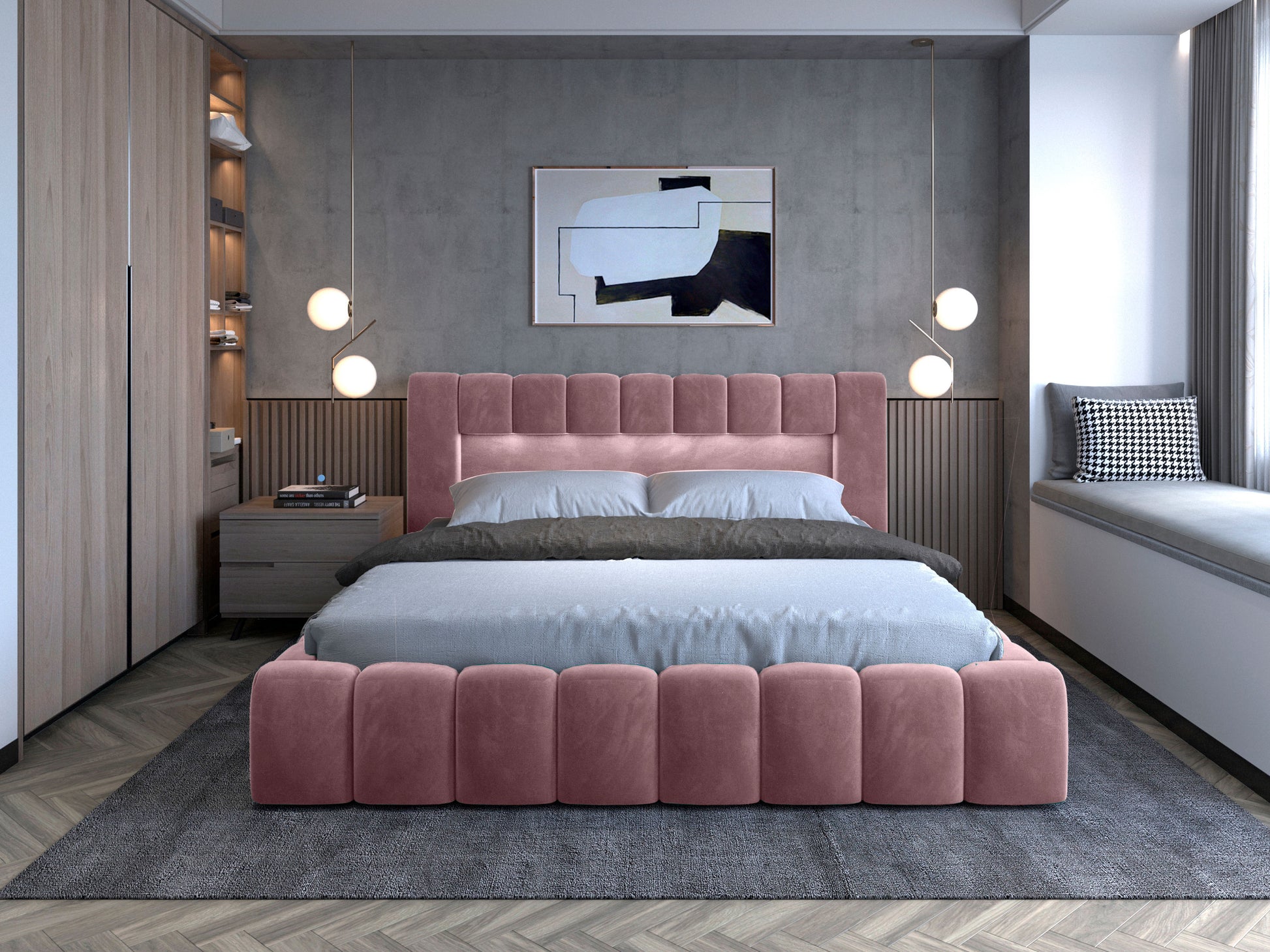 Frontowy widok łóżka Lamica II 180x200 cm w różowej tkaninie Monolith 63 na tle eleganckiego wnętrza.