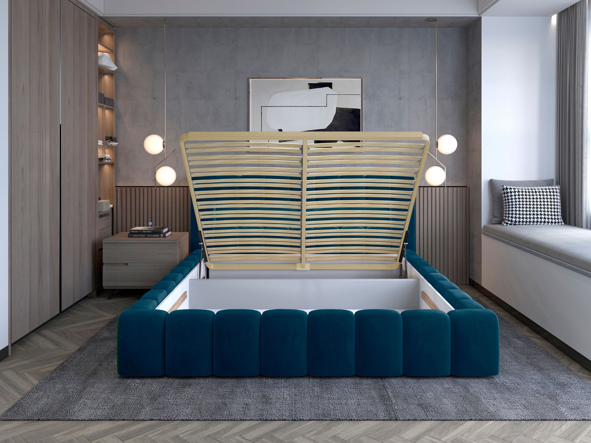 Łóżko Lamica II z podniesionym stelażem i pojemnikiem na pościel, kolor granatowy.