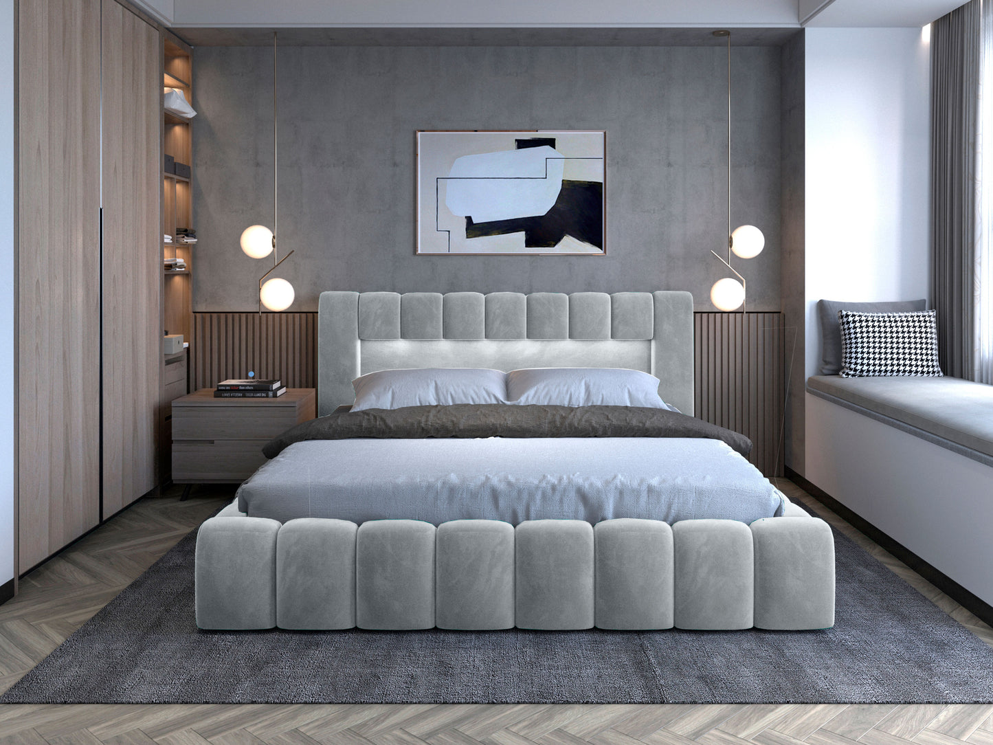 Łóżko Lamica II 180x200 cm w kolorze Monolith 84 jasnoszary ustawione w nowoczesnej sypialni z obrazem i designerskimi lampami.