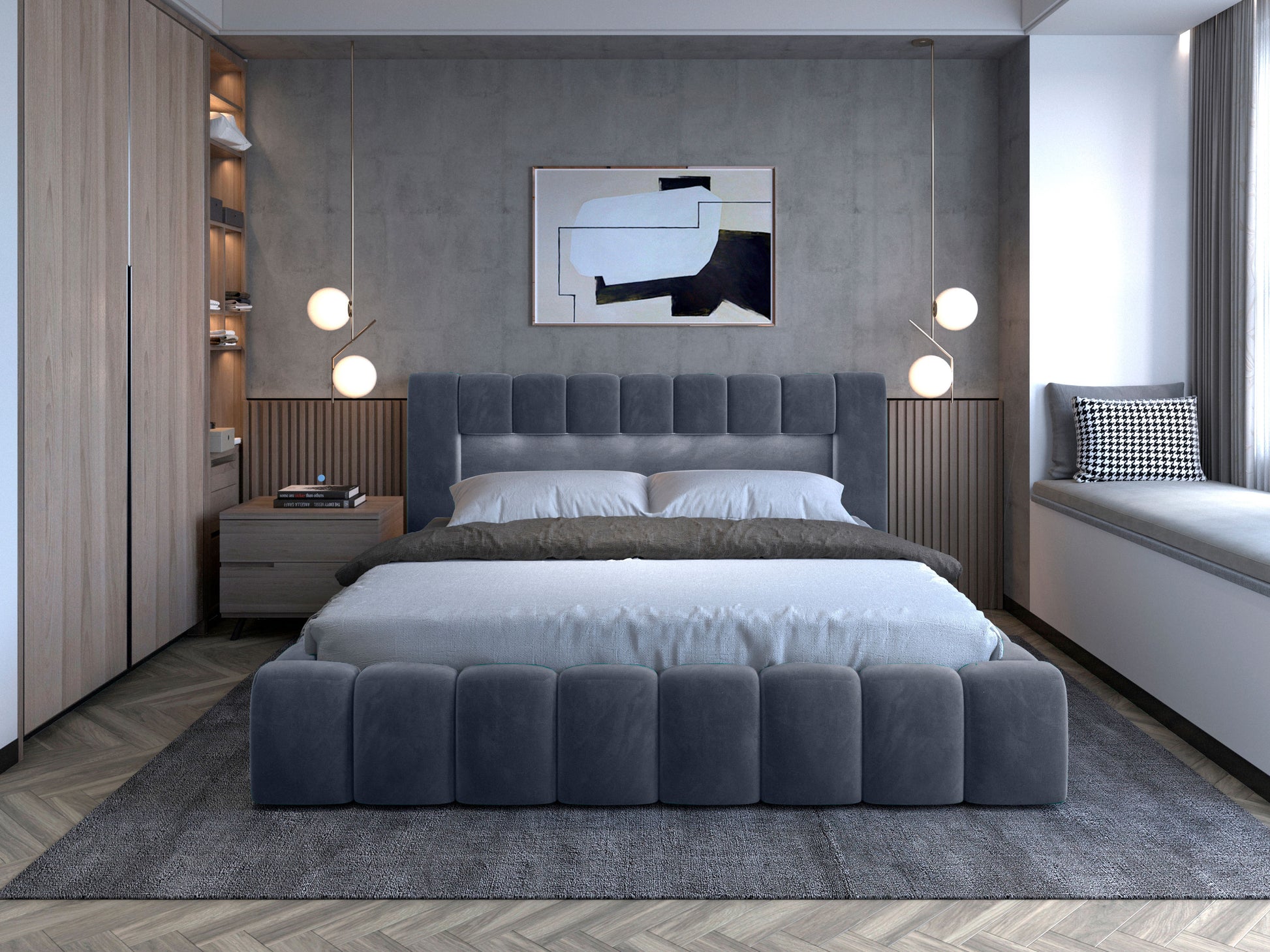 Frontowe zdjęcie łóżka Lamica II 180x200 cm w kolorze Monolith 97 ciemnoszary, ustawionego w eleganckiej sypialni z drewnianą zabudową.