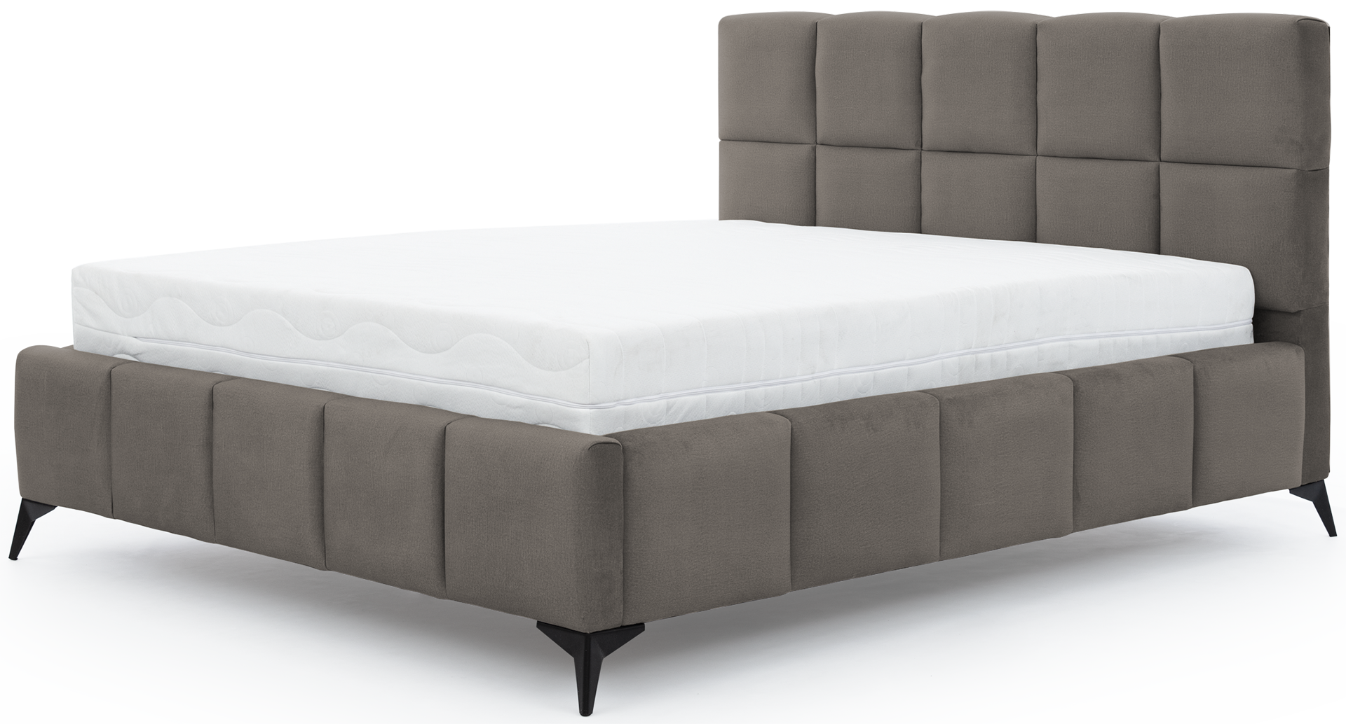 Łóżko Mist w kolorze Loco 04 szary, rozmiar 180x200 cm, widok na wprost z materacem i tapicerowanym zagłówkiem.