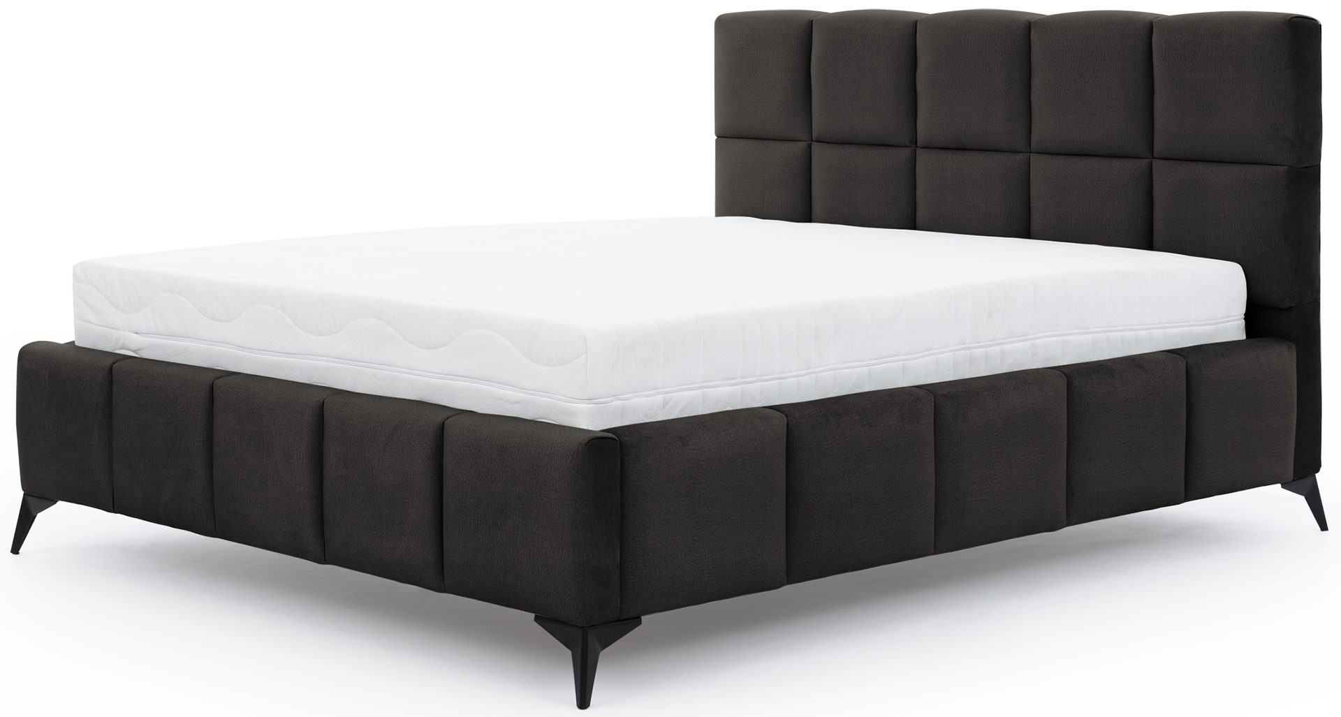 Łóżko Mist w kolorze Loco 05 ciemnoszary, rozmiar 140x200 cm, widok na wprost z materacem i tapicerowanym zagłówkiem.