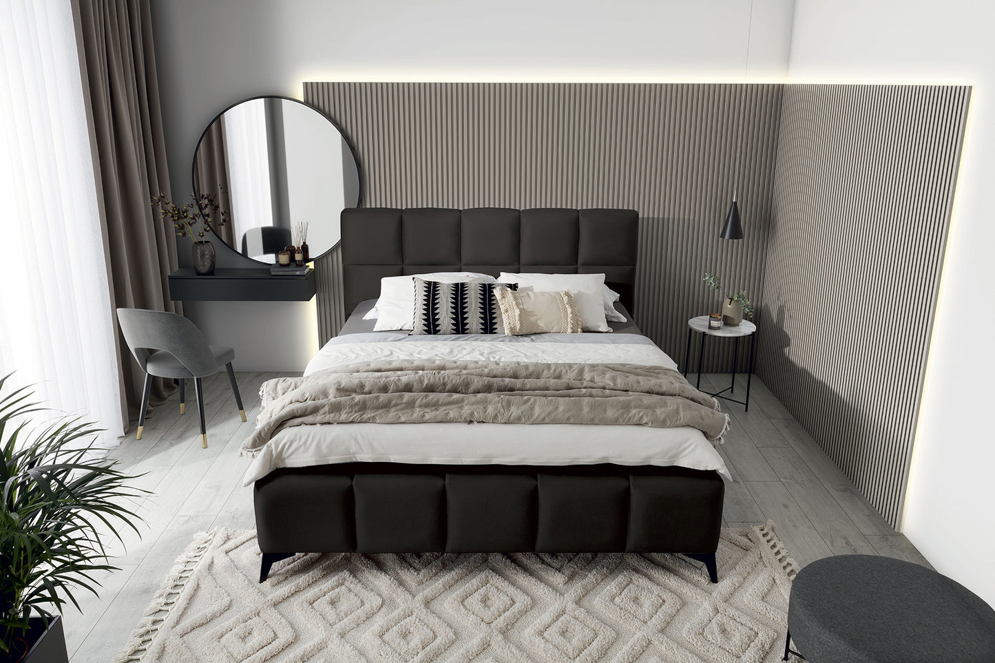 Łóżko Mist w kolorze Loco 06 ciemnoszary, rozmiar 160x200 cm, widok z góry w aranżacji przytulnej sypialni.