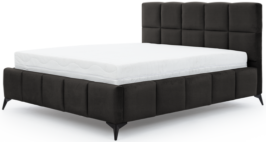 Łóżko Mist w kolorze Loco 05 ciemnoszary, rozmiar 180x200 cm, widok na wprost z materacem i tapicerowanym zagłówkiem.