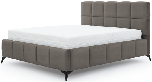 Łóżko Mist w kolorze Loco 04 szary, rozmiar 160x200 cm, widok na wprost z materacem i tapicerowanym zagłówkiem.