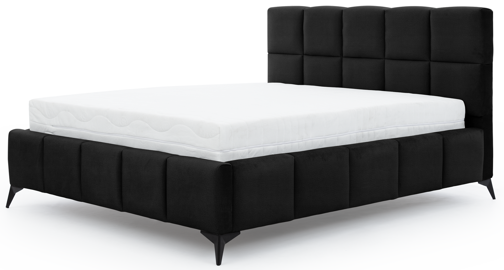 Łóżko Mist w kolorze Loco 10 czarny, rozmiar 140x200 cm, widok na wprost z materacem i tapicerowanym zagłówkiem.