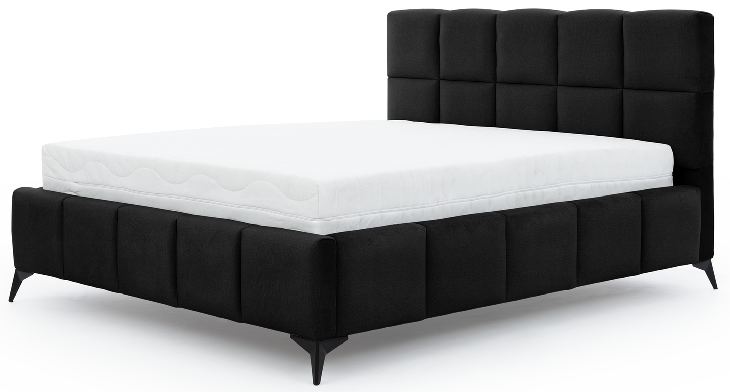 Łóżko Mist w kolorze Loco 10 czarny, rozmiar 180x200 cm, widok na wprost z materacem i tapicerowanym zagłówkiem.