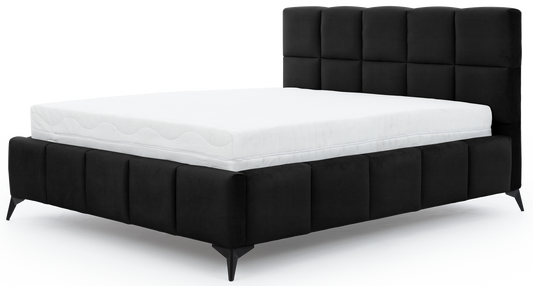 Łóżko Mist w kolorze Loco 10 czarny, rozmiar 180x200 cm, widok na wprost z materacem i tapicerowanym zagłówkiem.