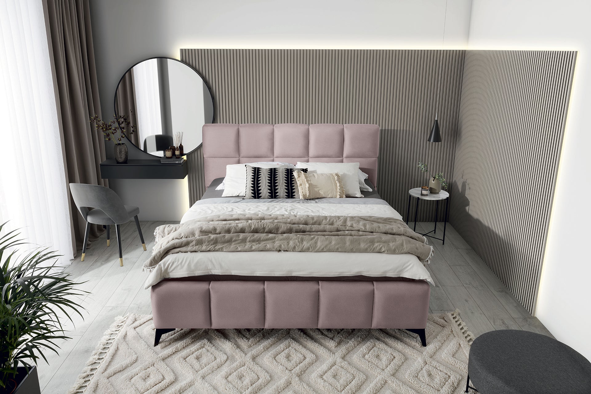 Łóżko Mist w kolorze Loco 24 jasnoróżowy, rozmiar 140x200 cm, widok z góry w aranżacji przytulnej sypialni.