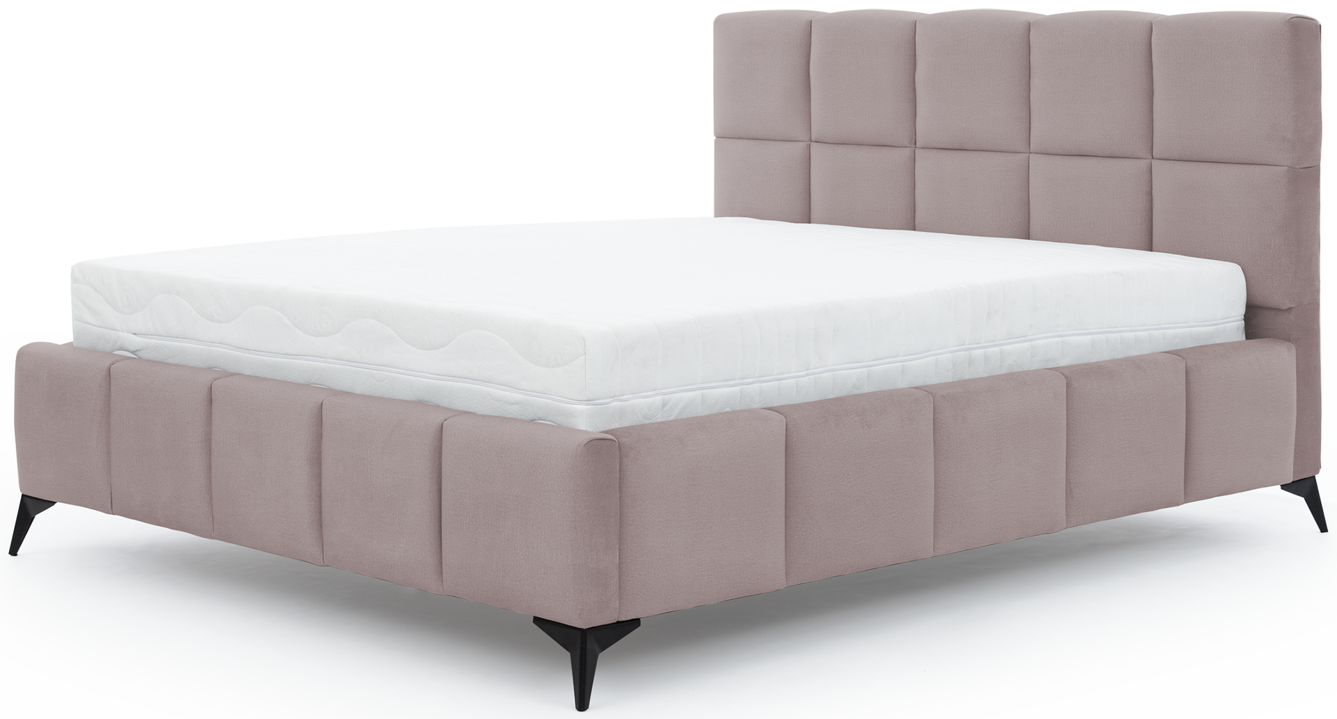 Łóżko Mist w kolorze Loco 24 jasnoróżowy, rozmiar 140x200 cm, widok na wprost z materacem i tapicerowanym zagłówkiem.