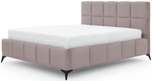 Łóżko Mist w kolorze Loco 24 jasnoróżowy, rozmiar 140x200 cm, widok na wprost z materacem i tapicerowanym zagłówkiem.