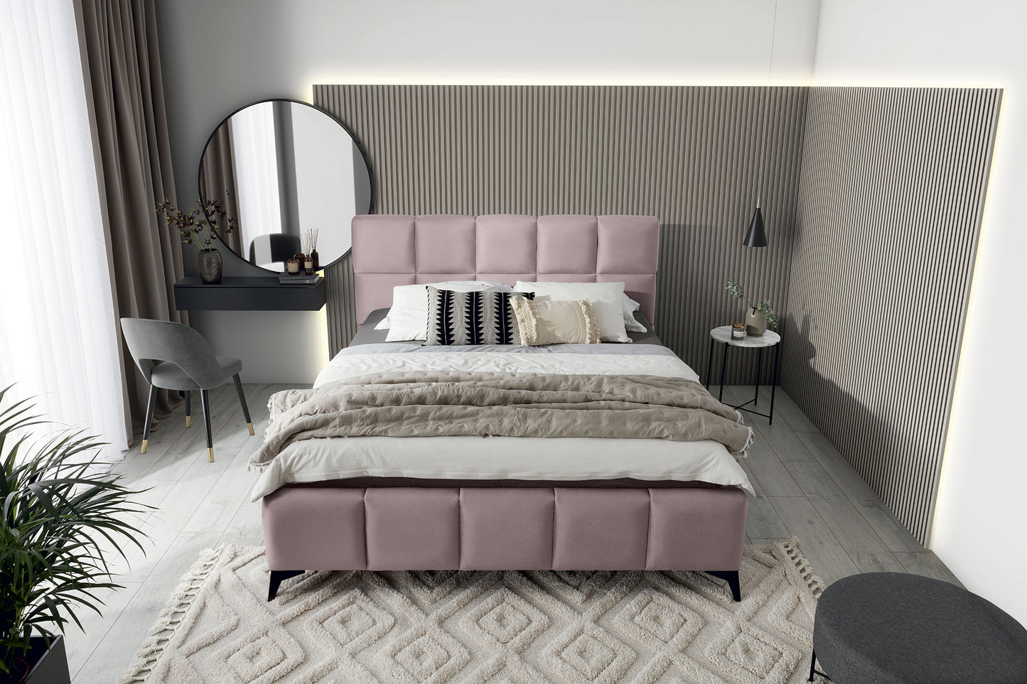 Łóżko Mist w kolorze Loco 24 jasnoróżowy, rozmiar 180x200 cm, widok z góry w aranżacji przytulnej sypialni.