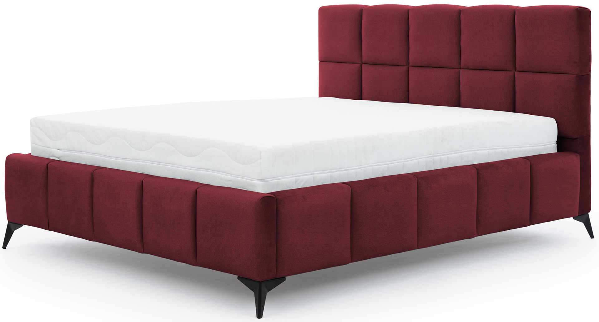 Łóżko Mist w kolorze Loco 25 czerwony, rozmiar 140x200 cm, widok na wprost z materacem i tapicerowanym zagłówkiem.