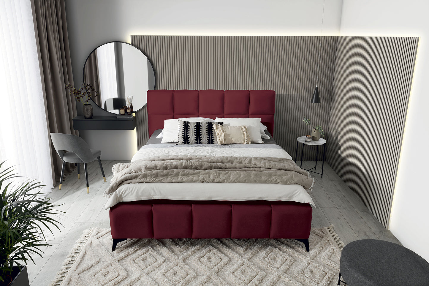 Łóżko Mist w kolorze Loco 25 czerwony, rozmiar 180x200 cm, widok z góry w aranżacji przytulnej sypialni.