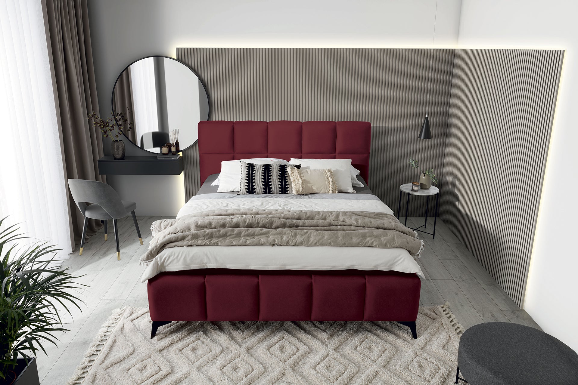 Łóżko Mist w kolorze Loco 25 czerwony, rozmiar 180x200 cm, widok z góry w aranżacji przytulnej sypialni.