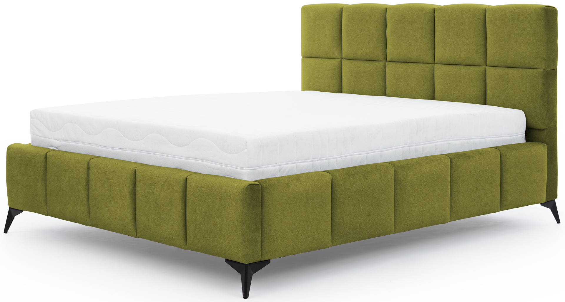 Łóżko Mist w kolorze Loco 33 jasnozielony, rozmiar 180x200 cm, widok na wprost z materacem i tapicerowanym zagłówkiem.