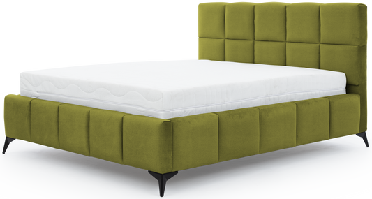 Łóżko Mist w kolorze Loco 33 jasnozielony, rozmiar 180x200 cm, widok na wprost z materacem i tapicerowanym zagłówkiem.