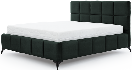 Łóżko Mist w kolorze Loco 35 ciemnozielony, rozmiar 140x200 cm, widok na wprost z materacem i tapicerowanym zagłówkiem.