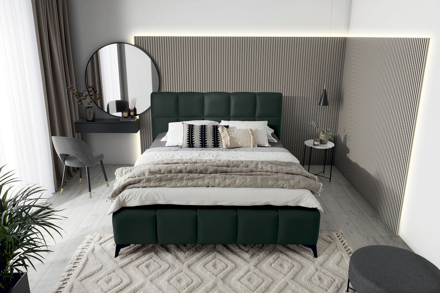 Łóżko Mist w kolorze Loco 35 ciemnozielony, rozmiar 160x200 cm, widok z góry w aranżacji przytulnej sypialni.