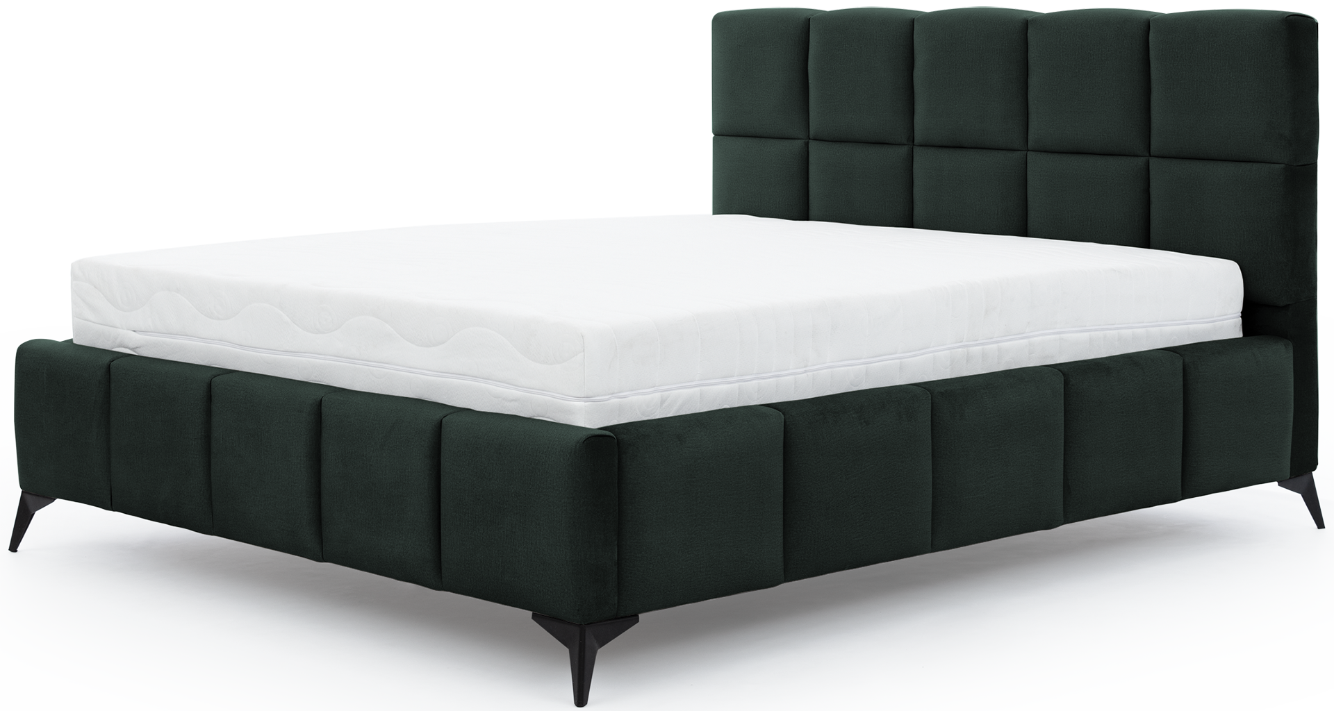 Łóżko Mist w kolorze Loco 35 ciemnozielony, rozmiar 160x200 cm, widok na wprost z materacem i tapicerowanym zagłówkiem.