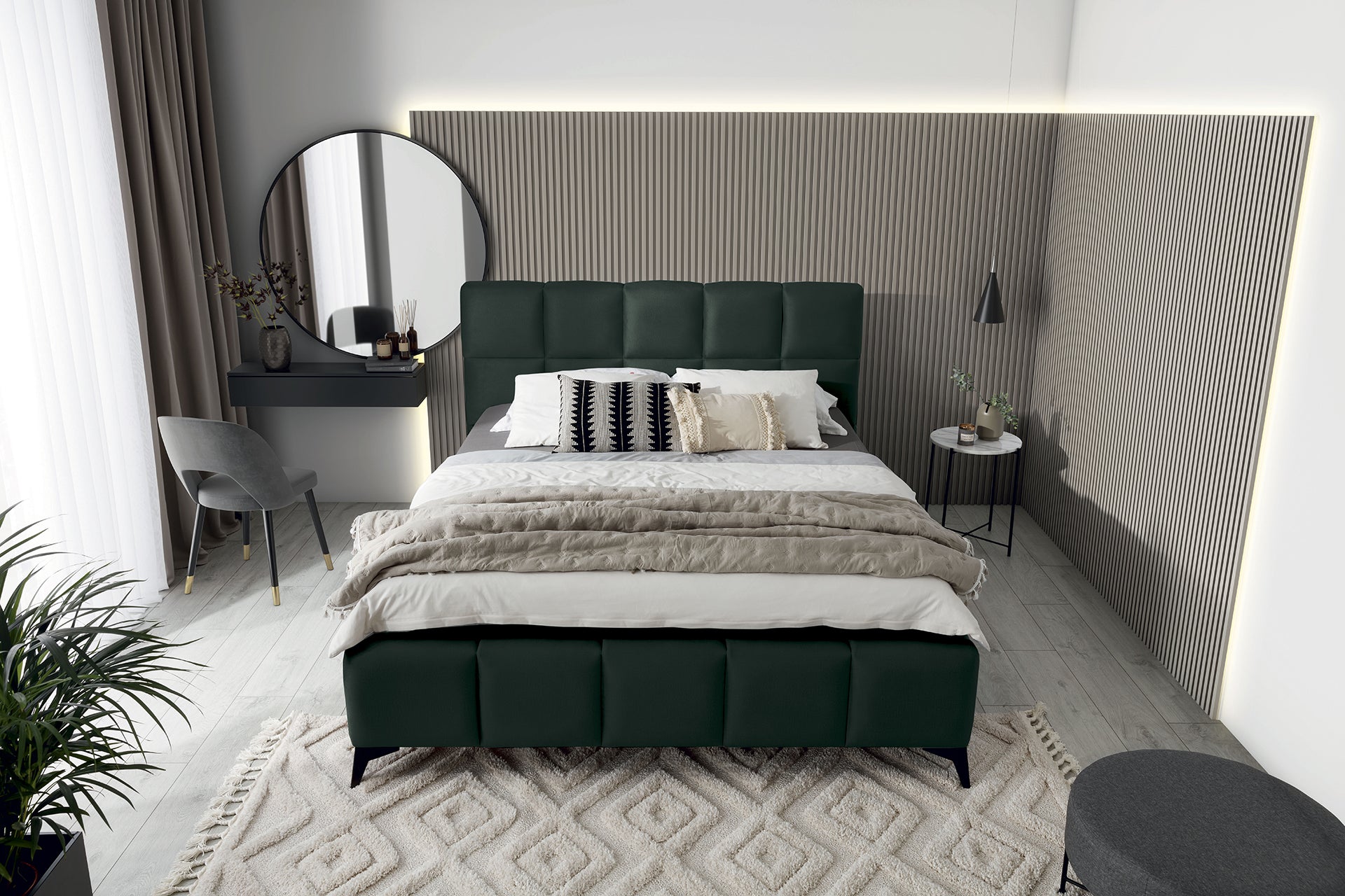 Łóżko Mist w kolorze Loco 35 ciemnozielony, rozmiar 180x200 cm, widok z góry w aranżacji przytulnej sypialni.