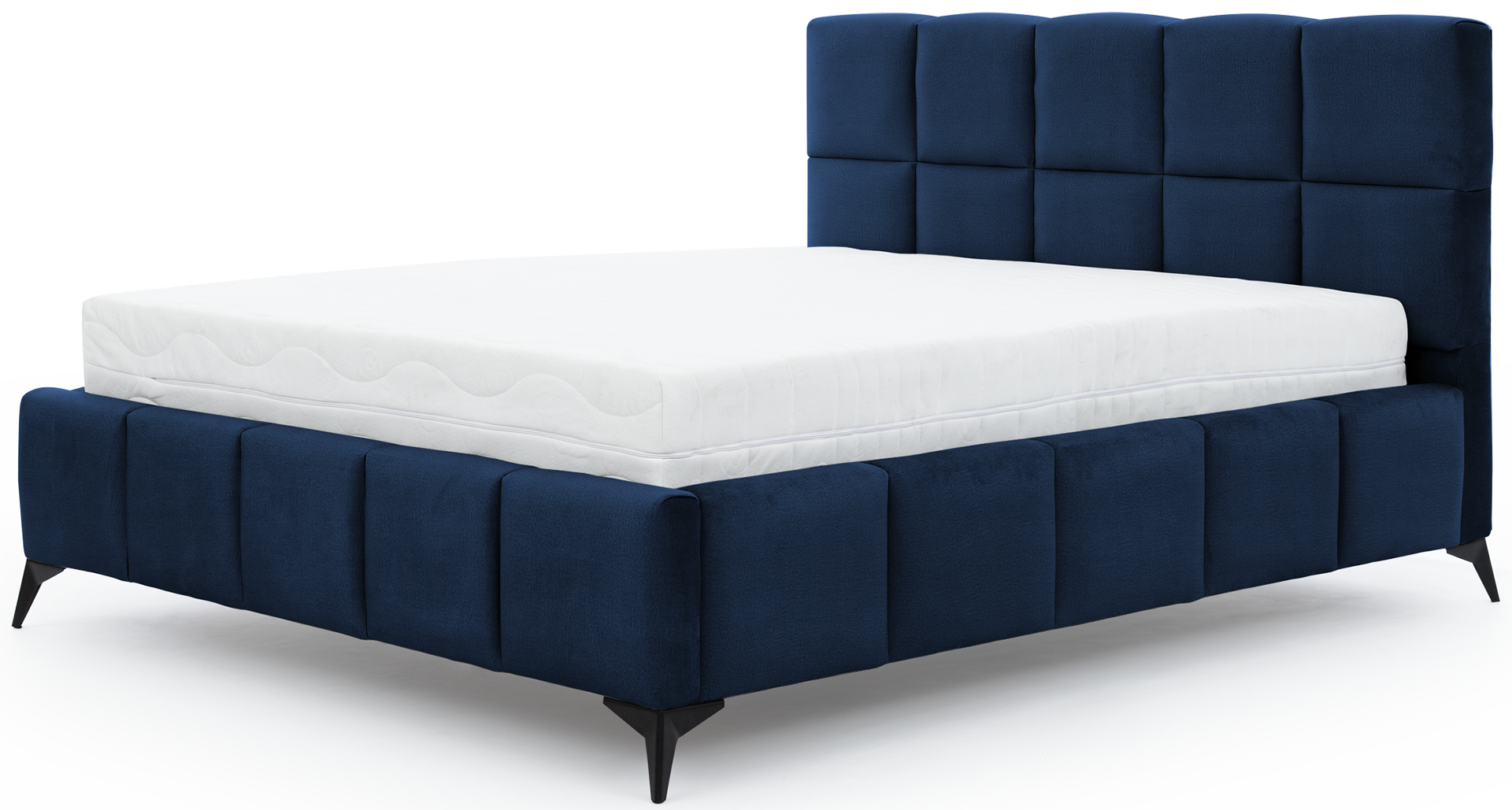 Łóżko Mist w kolorze Loco 40 granatowy, rozmiar 160x200 cm, widok na wprost z materacem i tapicerowanym zagłówkiem.